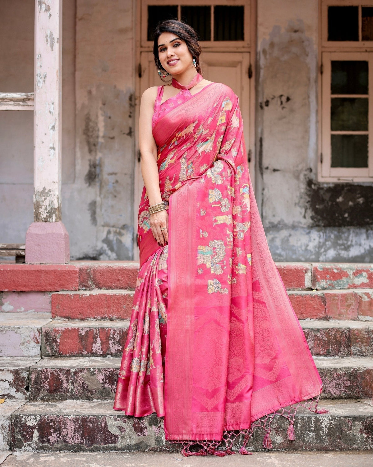 Regal Pink Banarasi Silk Saree with Zari Weave and Intricate Tassels BANARASI PRINTED Main image