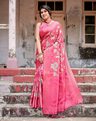 Regal Pink Banarasi Silk Saree with Zari Weave and Intricate Tassels BANARASI PRINTED