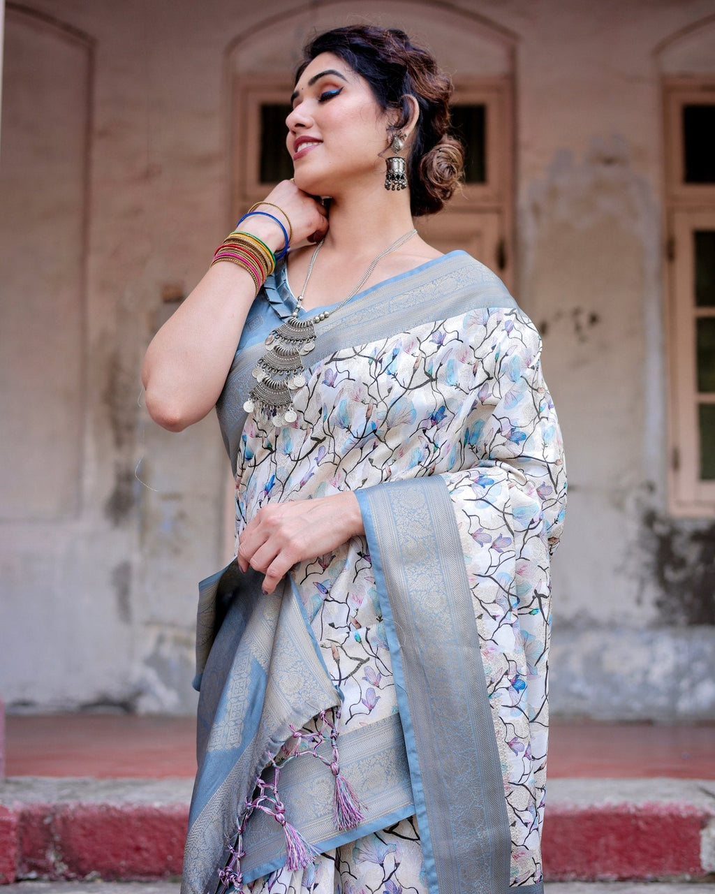 Elegant Light Blue Banarasi Silk Saree with Floral Design and Zari Weaved Pallu BANARASI PRINTED