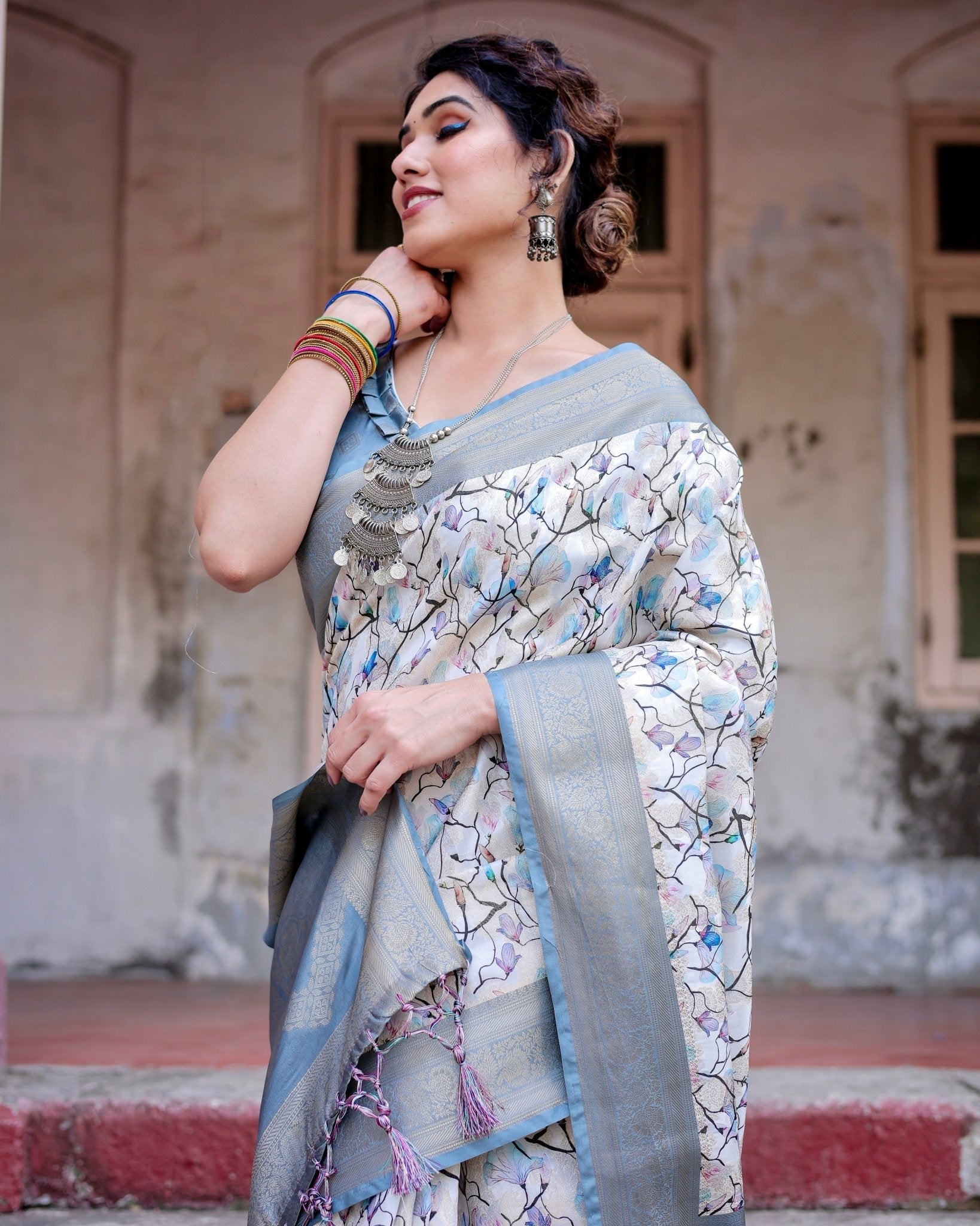 Elegant Light Blue Banarasi Silk Saree with Floral Design and Zari Weaved Pallu BANARASI PRINTED