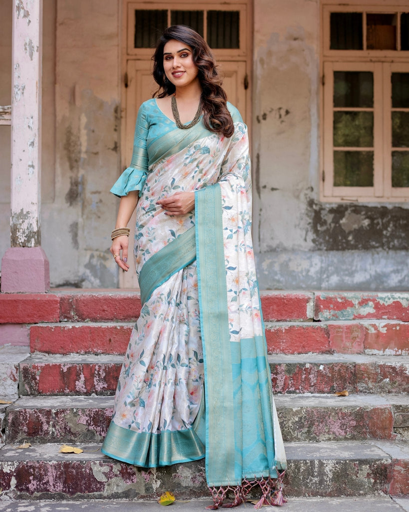 White and Aqua Floral Digital Print Banarasi Silk Saree with Zari Weave and Tassel-Adorned Pallu BANARASI PRINTED