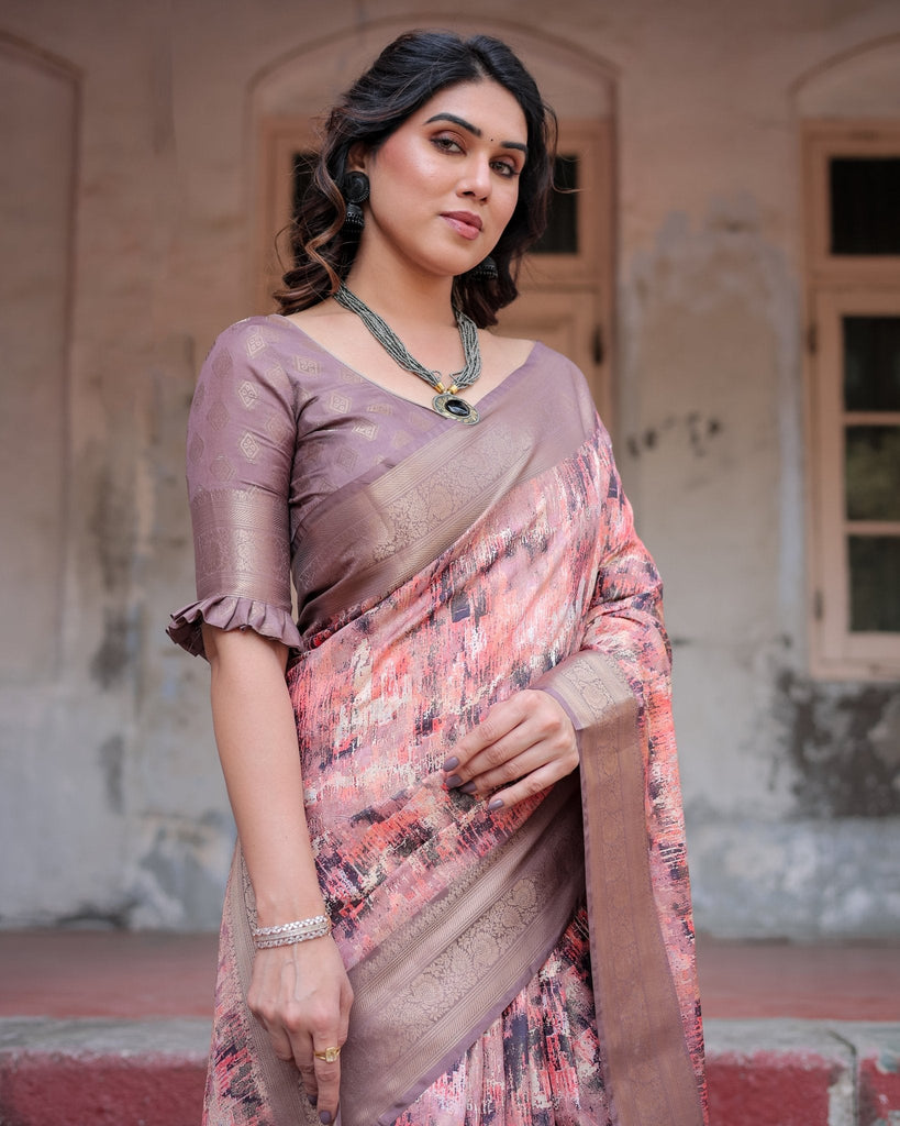Peach and Brown Abstract Design Banarasi Silk Saree with Zari Weave and Tassel-Embellished Pallu BANARASI PRINTED