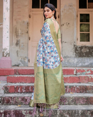Blue and Green Floral Digital Print Banarasi Silk Saree with Zari Weave and Tassel-Embellished Pallu BANARASI PRINTED