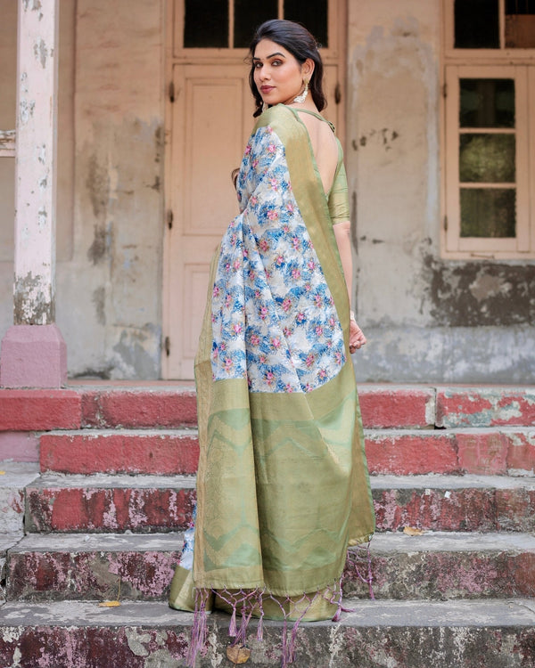 Blue and Green Floral Digital Print Banarasi Silk Saree with Zari Weave and Tassel-Embellished Pallu BANARASI PRINTED