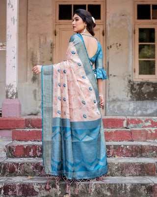 Peach and Teal Floral Digital Print Banarasi Silk Saree with Zari Weave and Tassel-Adorned Pallu BANARASI PRINTED