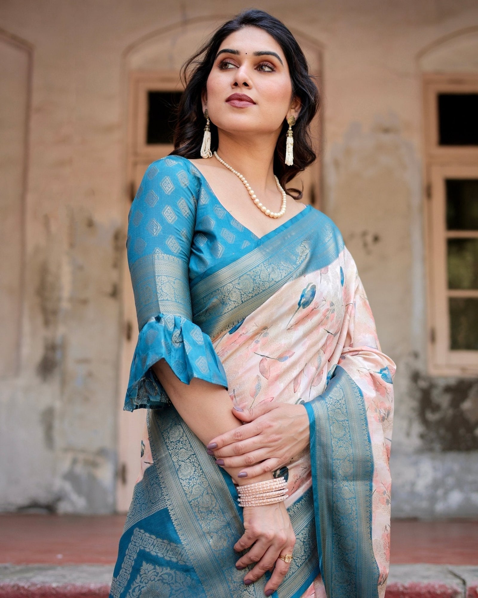Peach and Teal Floral Digital Print Banarasi Silk Saree with Zari Weave and Tassel-Adorned Pallu BANARASI PRINTED