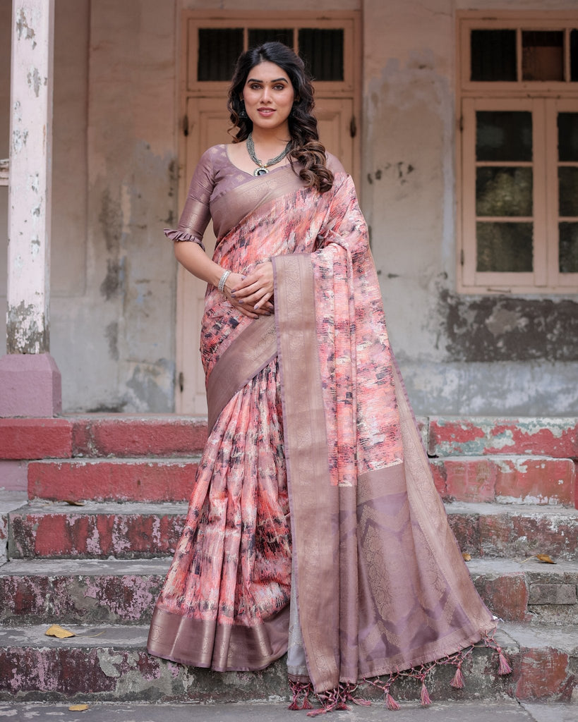 Peach and Brown Abstract Design Banarasi Silk Saree with Zari Weave and Tassel-Embellished Pallu BANARASI PRINTED