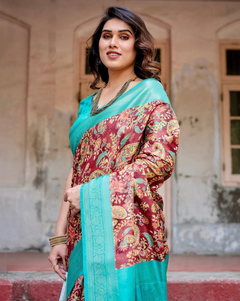 Maroon and Teal Paisley Design Banarasi Silk Saree with Zari Weave and Tassel-Embellished Pallu BANARASI PRINTED