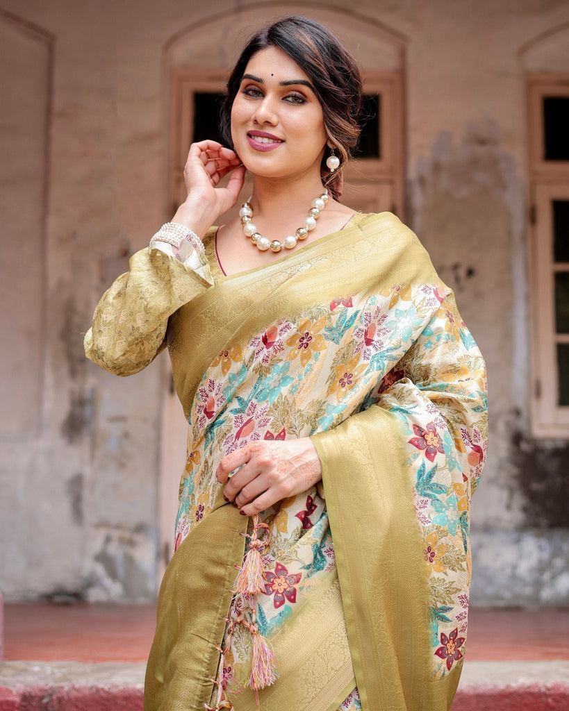 Golden Yellow Banarasi Silk Saree with Multicolor Floral Print and Zari Border BANARASI PRINTED