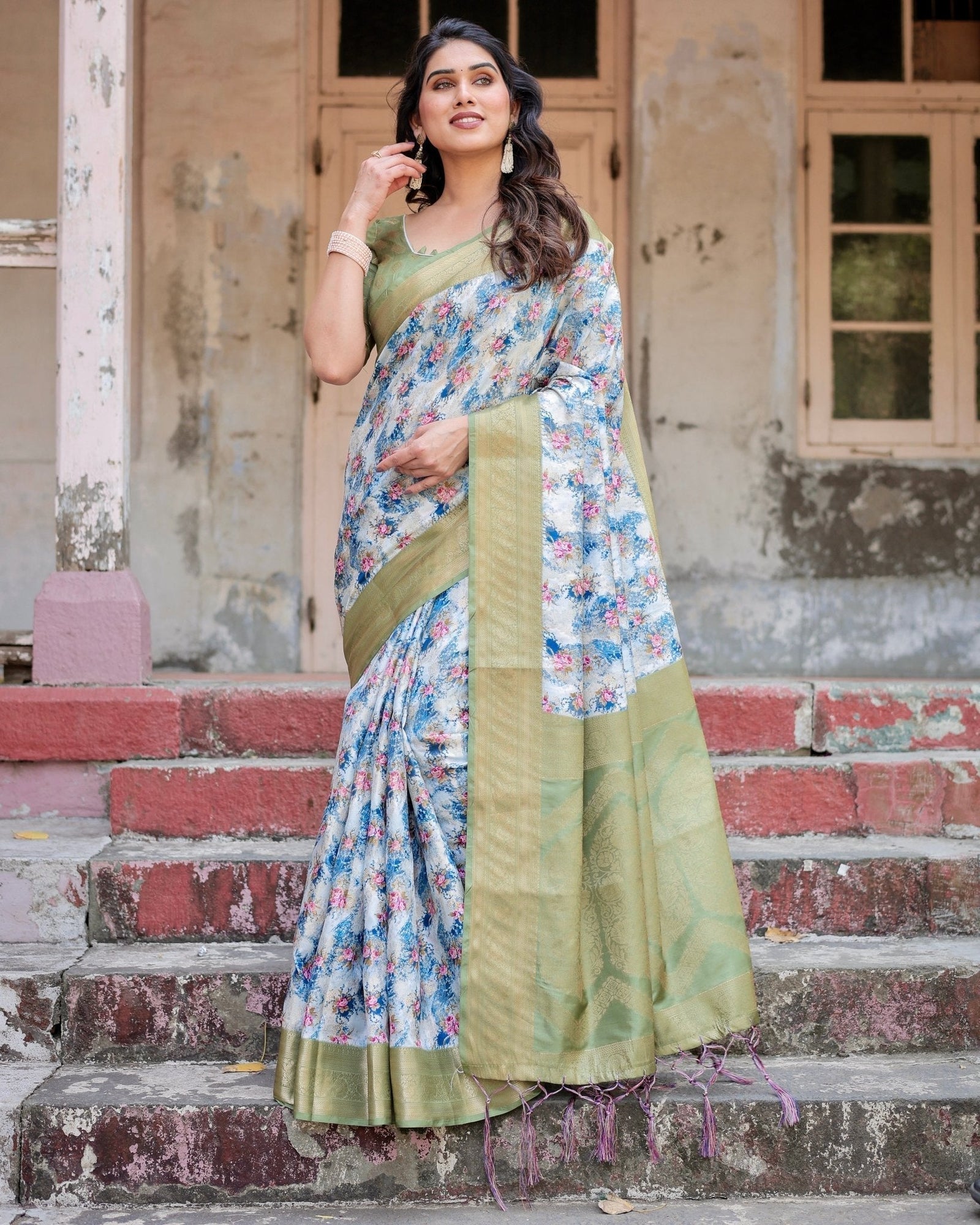 Blue and Green Floral Digital Print Banarasi Silk Saree with Zari Weave and Tassel-Embellished Pallu BANARASI PRINTED