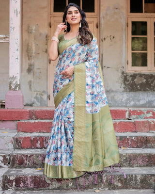 Blue and Green Floral Digital Print Banarasi Silk Saree with Zari Weave and Tassel-Embellished Pallu BANARASI PRINTED