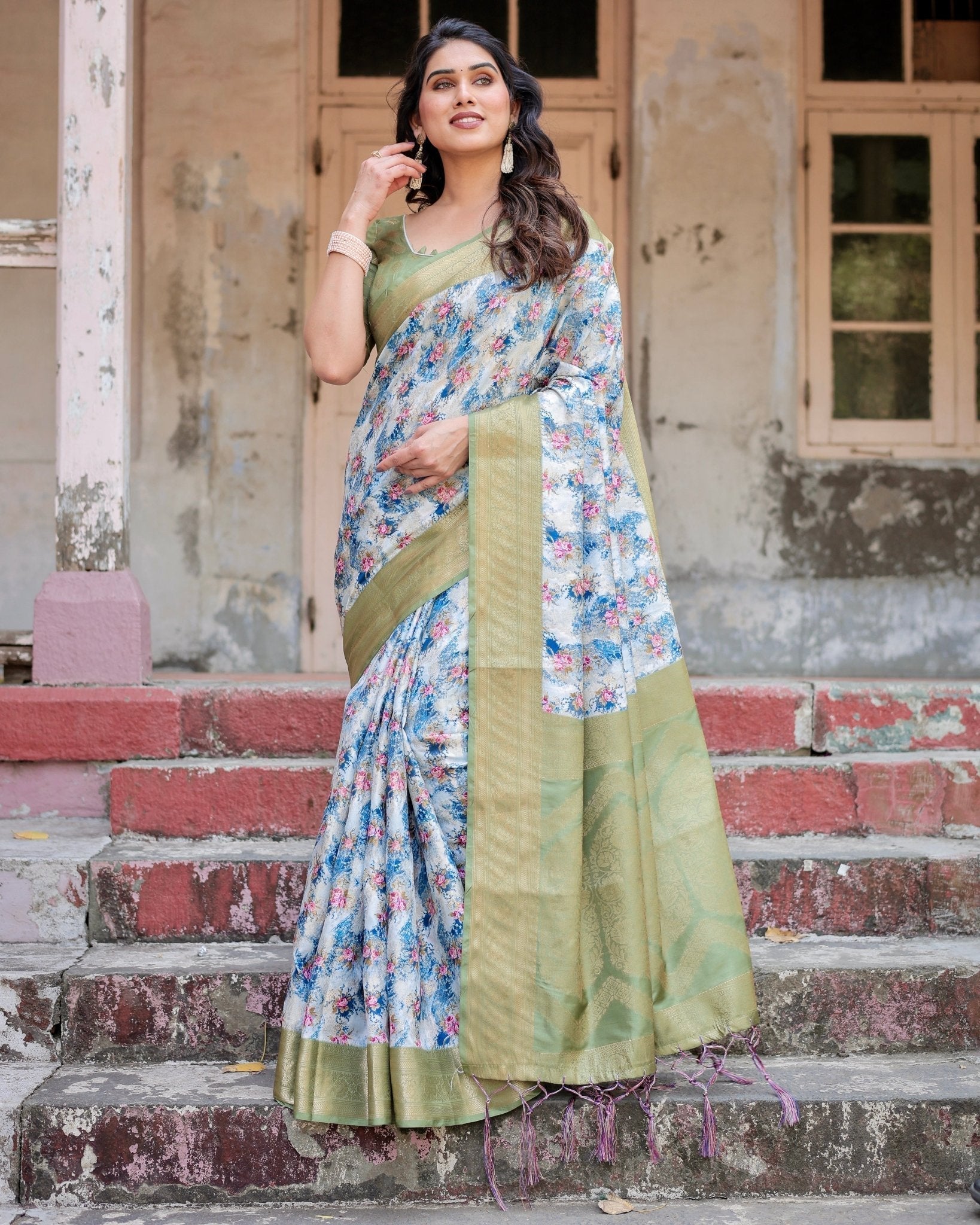 Blue and Green Floral Digital Print Banarasi Silk Saree with Zari Weave and Tassel-Embellished Pallu BANARASI PRINTED