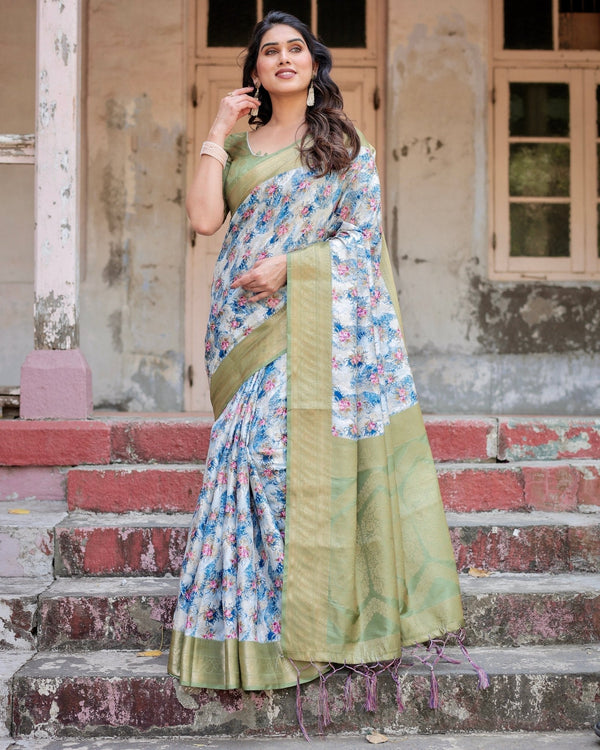 Blue and Green Floral Digital Print Banarasi Silk Saree with Zari Weave and Tassel-Embellished Pallu BANARASI PRINTED
