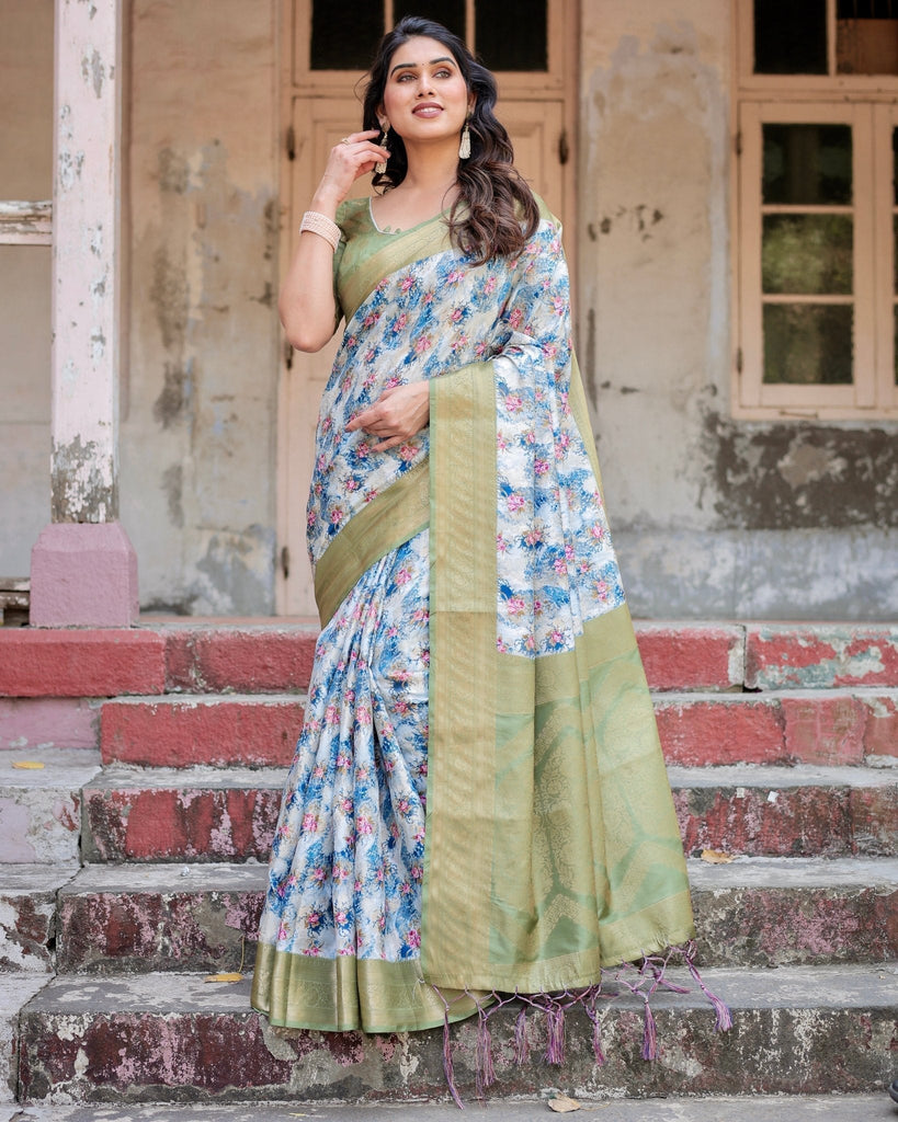 Blue and Green Floral Digital Print Banarasi Silk Saree with Zari Weave and Tassel-Embellished Pallu BANARASI PRINTED