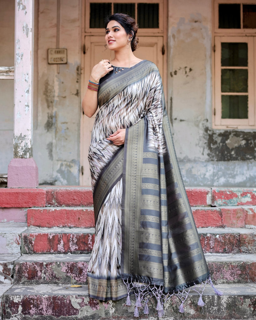 Elegant Banarasi Silk Saree with Zari Weaving and Tassels in Shades of Grey and Black BANARASI PRINTED