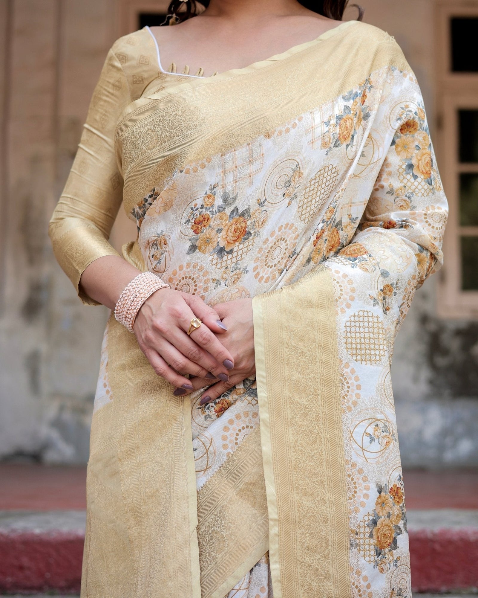 Ivory and Gold Banarasi Silk Saree with Floral Print, Zari Border, and Tassels BANARASI PRINTED