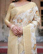Load image into Gallery viewer, Ivory and Gold Banarasi Silk Saree with Floral Print, Zari Border, and Tassels BANARASI PRINTED