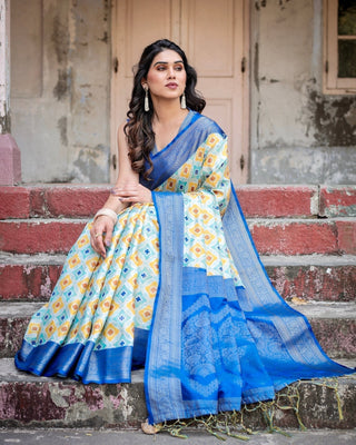 Yellow and Blue Ikat Digital Print Banarasi Silk Saree with Zari Weave and Tassel-Embellished Pallu BANARASI PRINTED