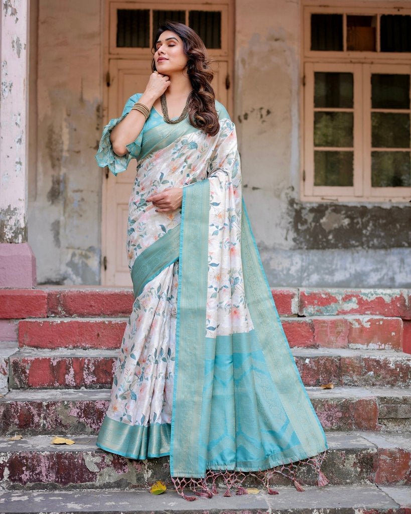 White and Aqua Floral Digital Print Banarasi Silk Saree with Zari Weave and Tassel-Adorned Pallu BANARASI PRINTED
