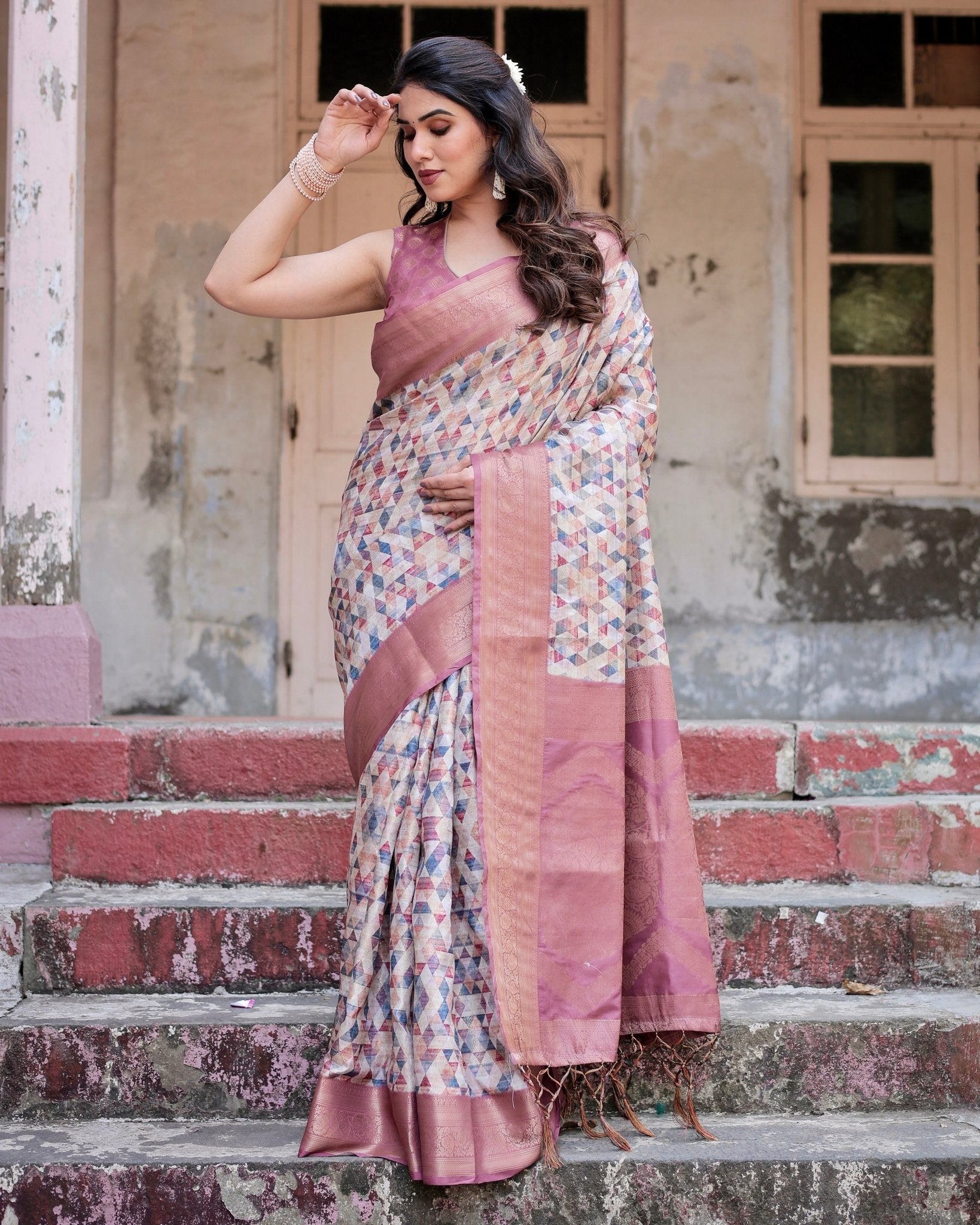 Beige and Pink Geometric Print Banarasi Silk Saree with Zari Weave and Tassel-Embellished Pallu Secondary image