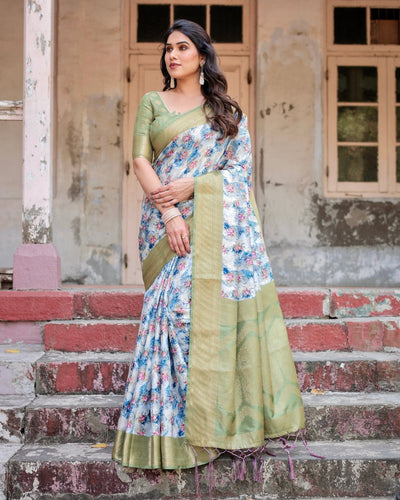 Blue and Green Floral Digital Print Banarasi Silk Saree with Zari Weave and Tassel-Embellished Pallu BANARASI PRINTED