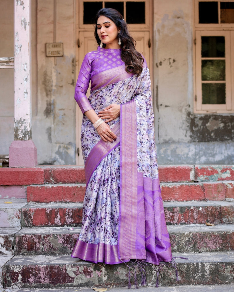 Lavender and White Geometric Floral Digital Print Banarasi Silk Saree with Zari Weave and Tassel-Embellished Pallu BANARASI PRINTED