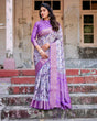 Load image into Gallery viewer, Lavender and White Geometric Floral Digital Print Banarasi Silk Saree with Zari Weave and Tassel-Embellished Pallu BANARASI PRINTED