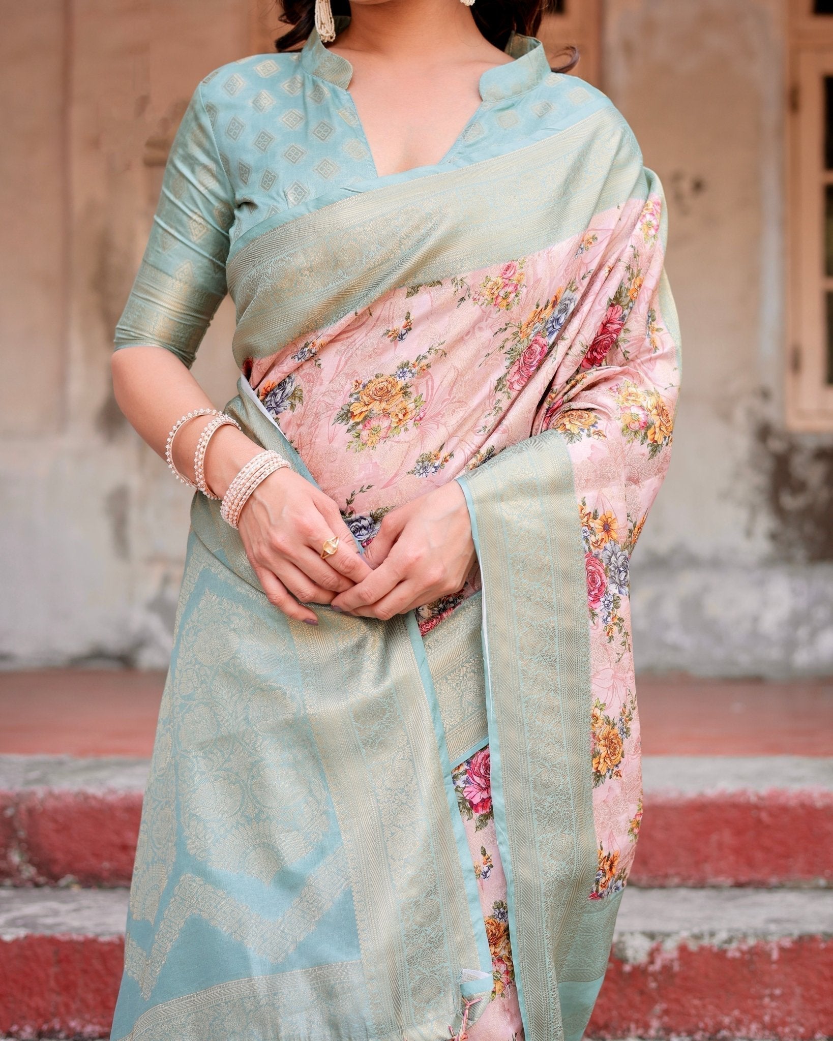 Pink and Green Floral Digital Print Banarasi Silk Saree with Zari Weave and Tassel Pallu BANARASI PRINTED