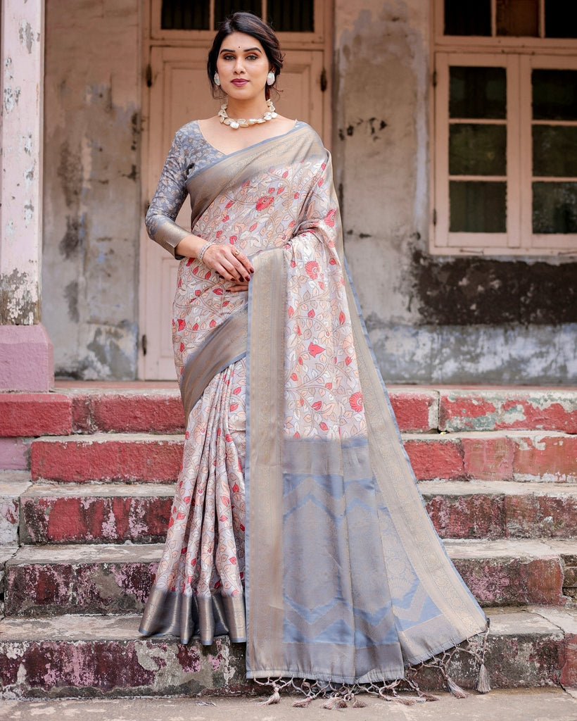 Elegant Grey Banarasi Silk Saree with Intricate Floral Design and Zari Weave BANARASI PRINTED