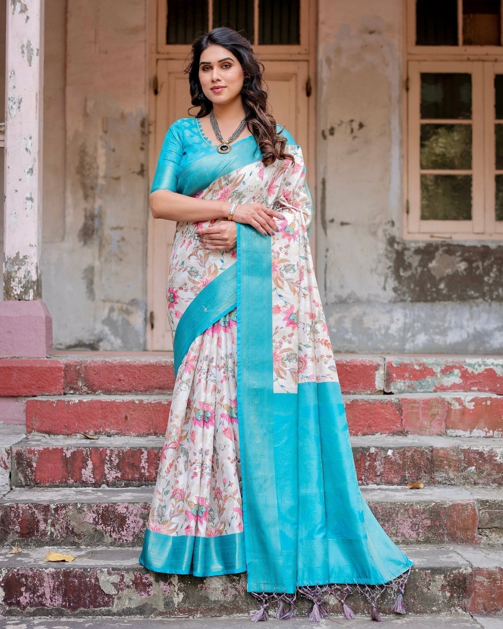 White and Aqua Floral Design Banarasi Silk Saree with Zari Weave and Tassel-Embellished Pallu BANARASI PRINTED