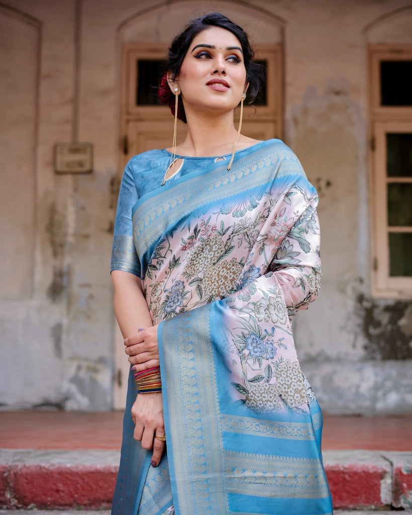 Elegant Floral Banarasi Silk Saree in Sky Blue and Blush Pink with Zari Weave and Tassels BANARASI PRINTED