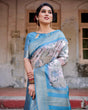 Load image into Gallery viewer, Elegant Floral Banarasi Silk Saree in Sky Blue and Blush Pink with Zari Weave and Tassels BANARASI PRINTED