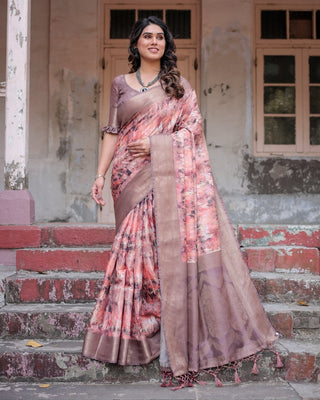 Peach and Brown Abstract Design Banarasi Silk Saree with Zari Weave and Tassel-Embellished Pallu BANARASI PRINTED