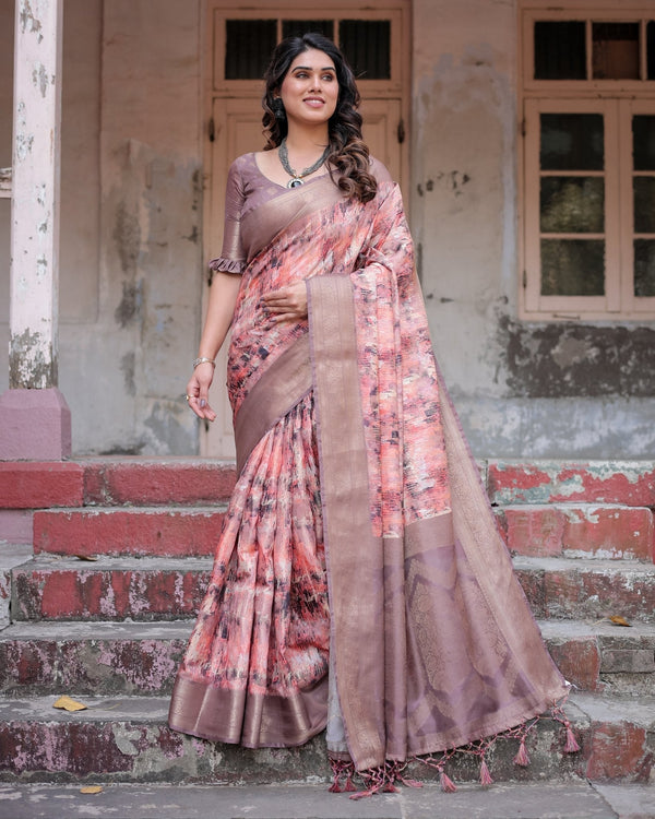 Peach and Brown Abstract Design Banarasi Silk Saree with Zari Weave and Tassel-Embellished Pallu BANARASI PRINTED