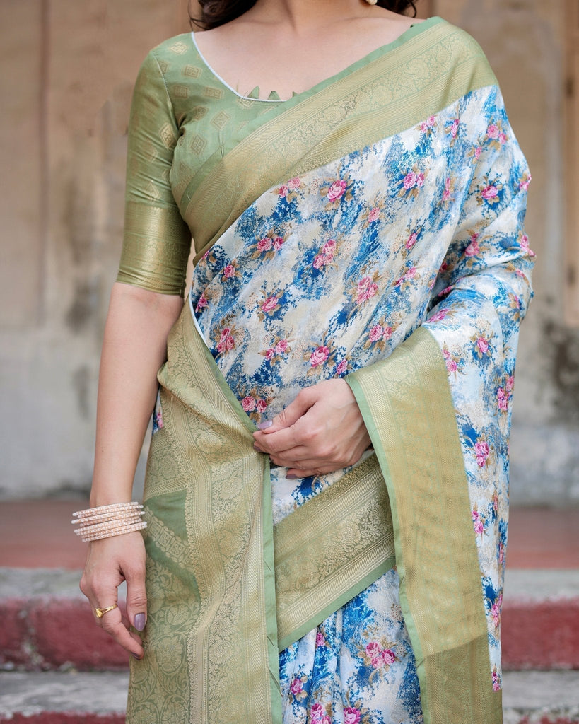 Blue and Green Floral Digital Print Banarasi Silk Saree with Zari Weave and Tassel-Embellished Pallu BANARASI PRINTED