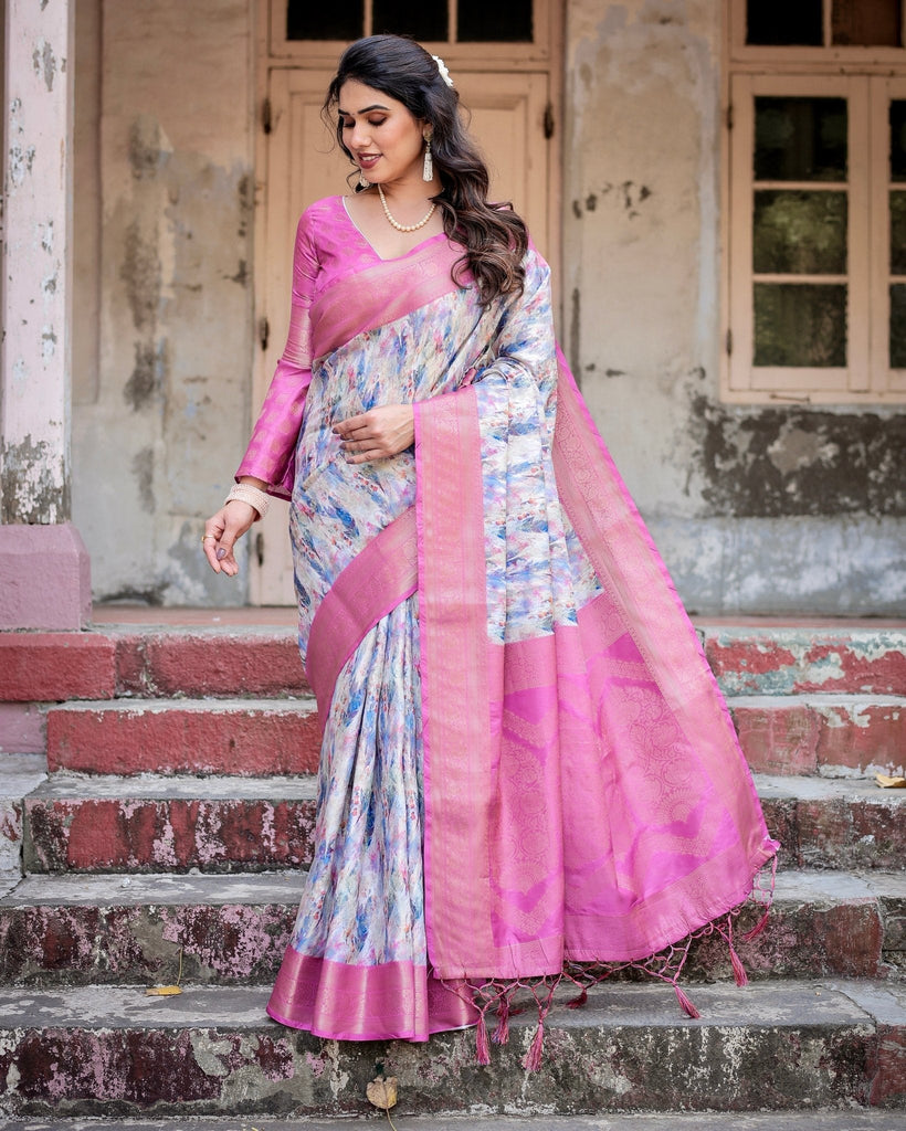 White and Pink Floral Digital Print Banarasi Silk Saree with Zari Weave and Tassel-Embellished Pallu BANARASI PRINTED
