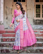 Load image into Gallery viewer, White and Pink Floral Digital Print Banarasi Silk Saree with Zari Weave and Tassel-Embellished Pallu BANARASI PRINTED
