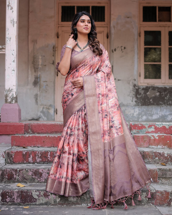 Peach and Brown Abstract Design Banarasi Silk Saree with Zari Weave and Tassel-Embellished Pallu BANARASI PRINTED