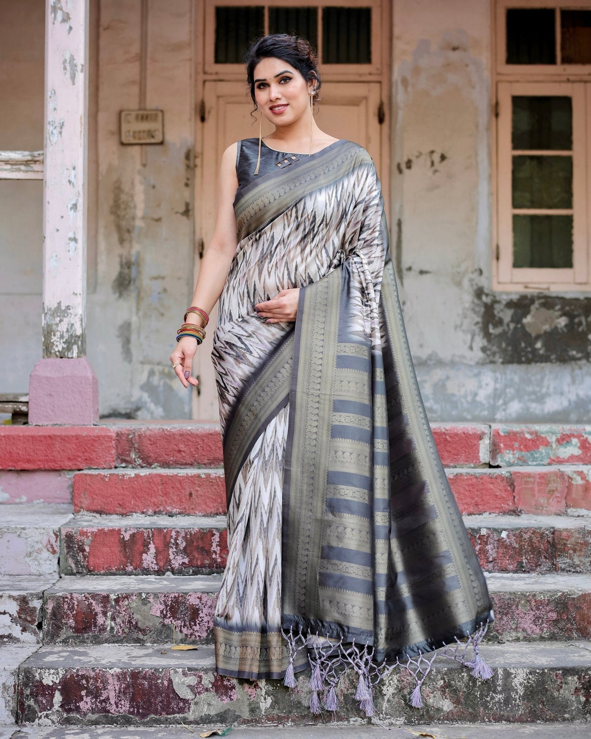 Elegant Banarasi Silk Saree with Zari Weaving and Tassels in Shades of Grey and Black BANARASI PRINTED Main image