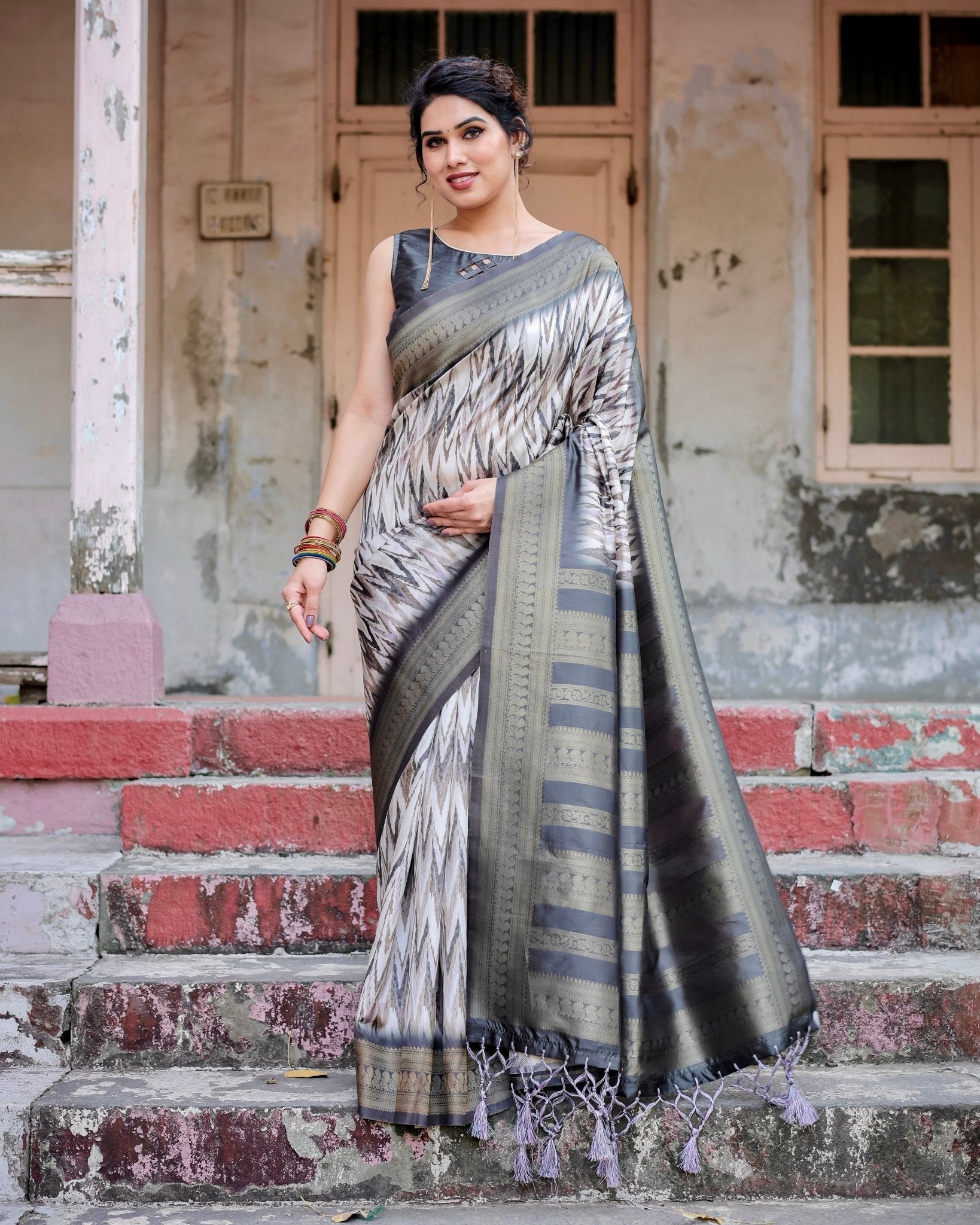 Elegant Banarasi Silk Saree with Zari Weaving and Tassels in Shades of Grey and Black BANARASI PRINTED Main image
