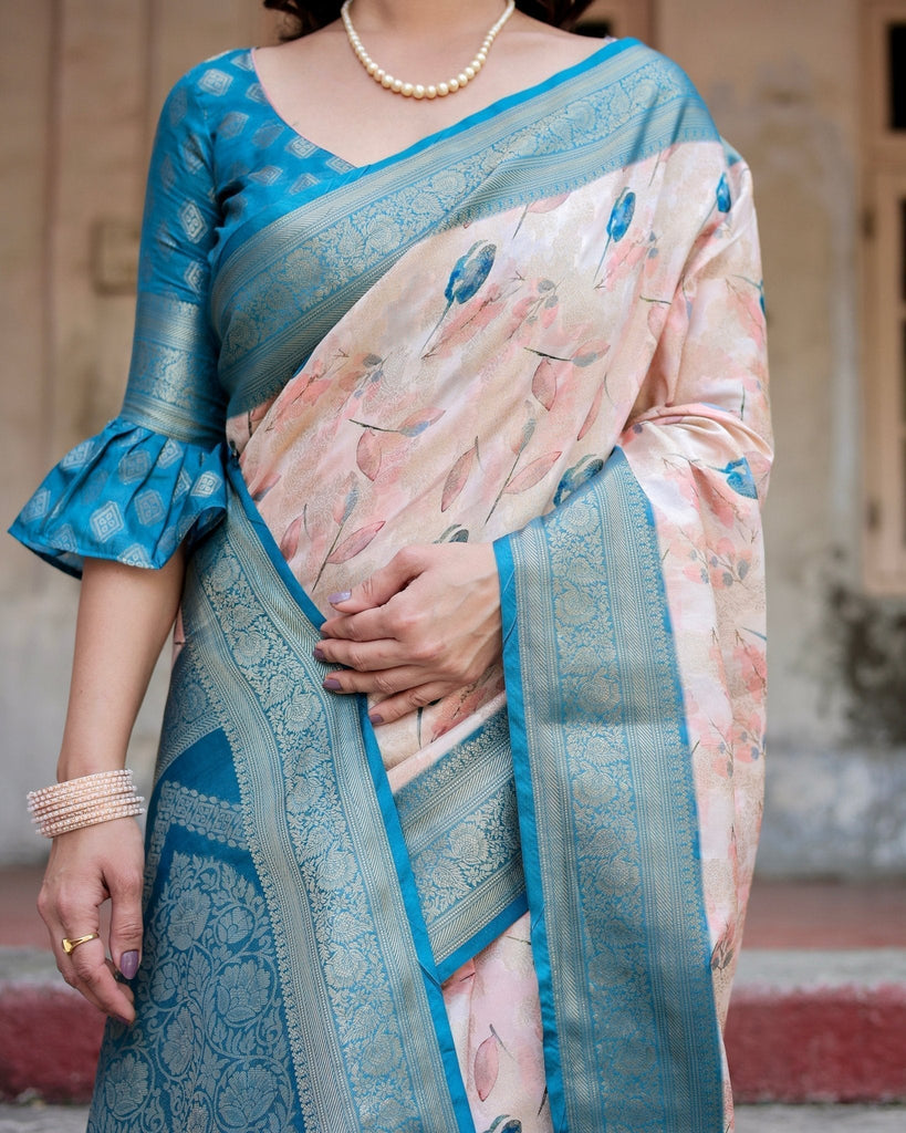 Peach and Teal Floral Digital Print Banarasi Silk Saree with Zari Weave and Tassel-Adorned Pallu BANARASI PRINTED