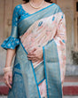 Load image into Gallery viewer, Peach and Teal Floral Digital Print Banarasi Silk Saree with Zari Weave and Tassel-Adorned Pallu BANARASI PRINTED