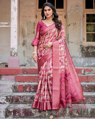 Pink and Maroon Abstract Digital Print Banarasi Silk Saree with Zari Weave and Tassel-Embellished Pallu BANARASI PRINTED