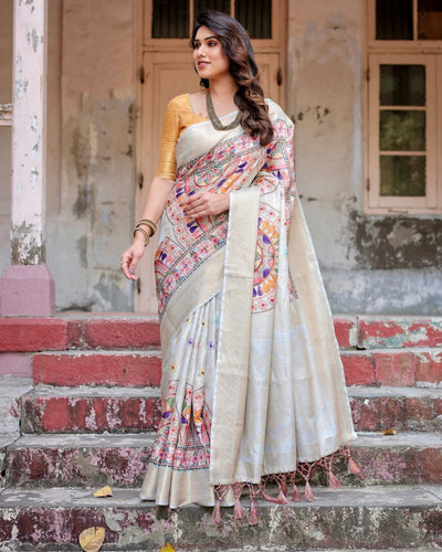 Off-White and Multicolor Mandala Design Banarasi Silk Saree with Zari Weave and Tassel-Adorned Pallu BANARASI PRINTED