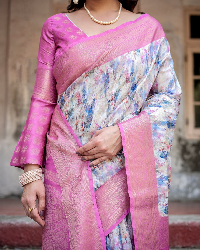 White and Pink Floral Digital Print Banarasi Silk Saree with Zari Weave and Tassel-Embellished Pallu BANARASI PRINTED