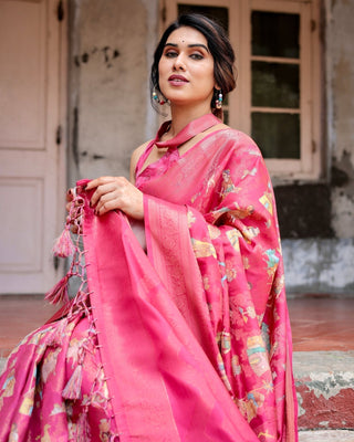 Regal Pink Banarasi Silk Saree with Zari Weave and Intricate Tassels BANARASI PRINTED