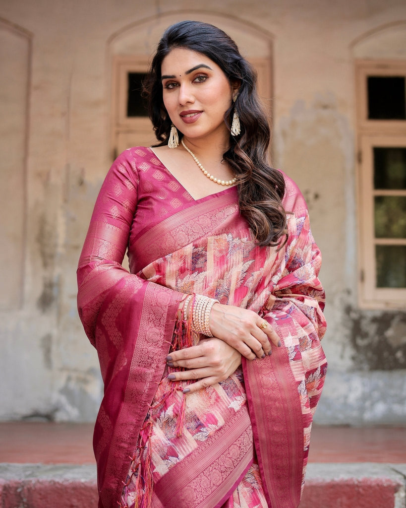 Pink and Maroon Abstract Digital Print Banarasi Silk Saree with Zari Weave and Tassel-Embellished Pallu BANARASI PRINTED