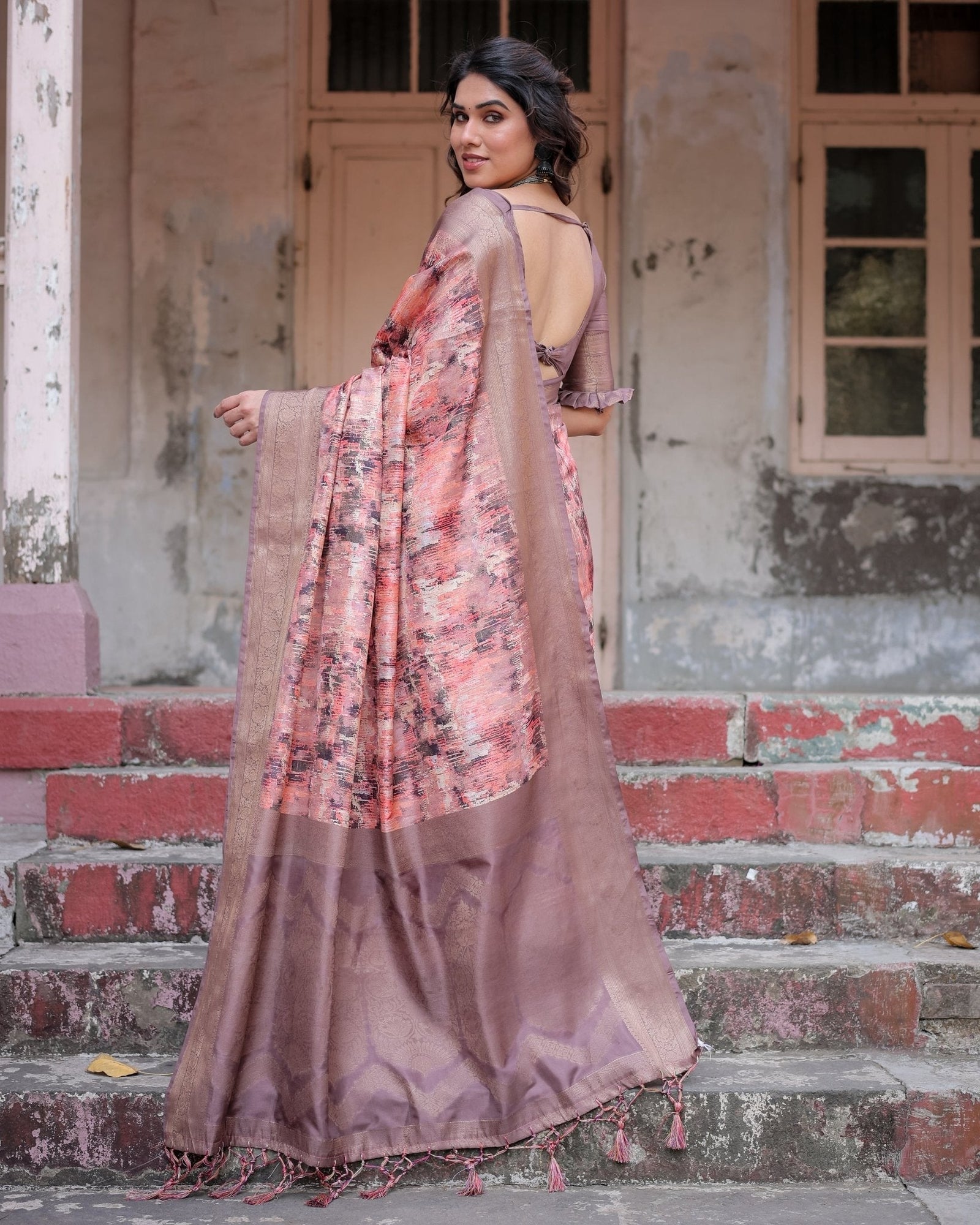 Peach and Brown Abstract Design Banarasi Silk Saree with Zari Weave and Tassel-Embellished Pallu BANARASI PRINTED