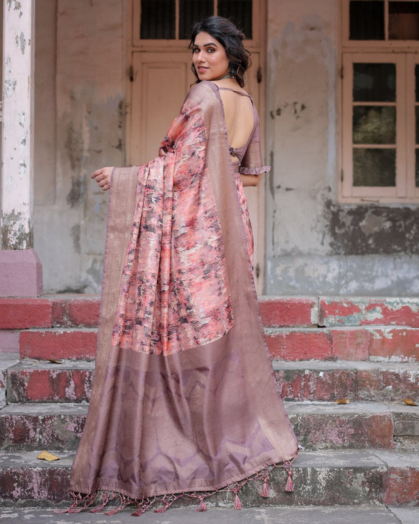 Peach and Brown Abstract Design Banarasi Silk Saree with Zari Weave and Tassel-Embellished Pallu BANARASI PRINTED
