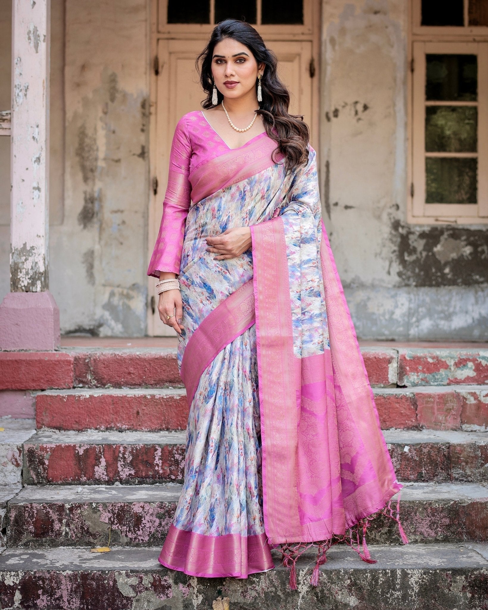 White and Pink Floral Digital Print Banarasi Silk Saree with Zari Weave and Tassel-Embellished Pallu Secondary image